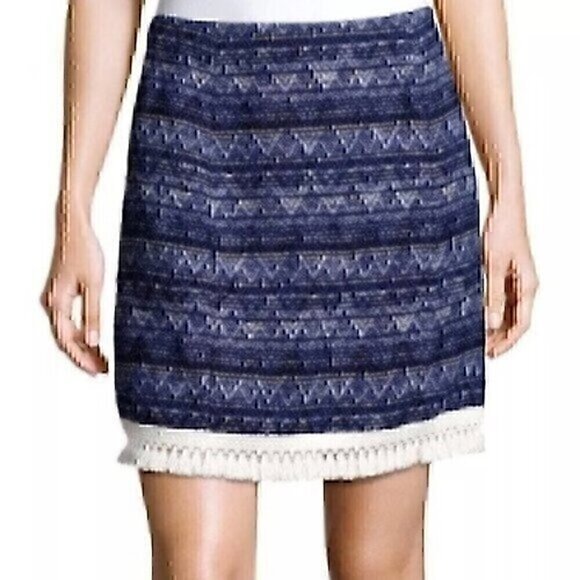 NEW NWT MICHAEL KORS Blue Tweed Chevron 100% Cotton Boho Winter Fringe Skirt 8 - Picture 1 of 7